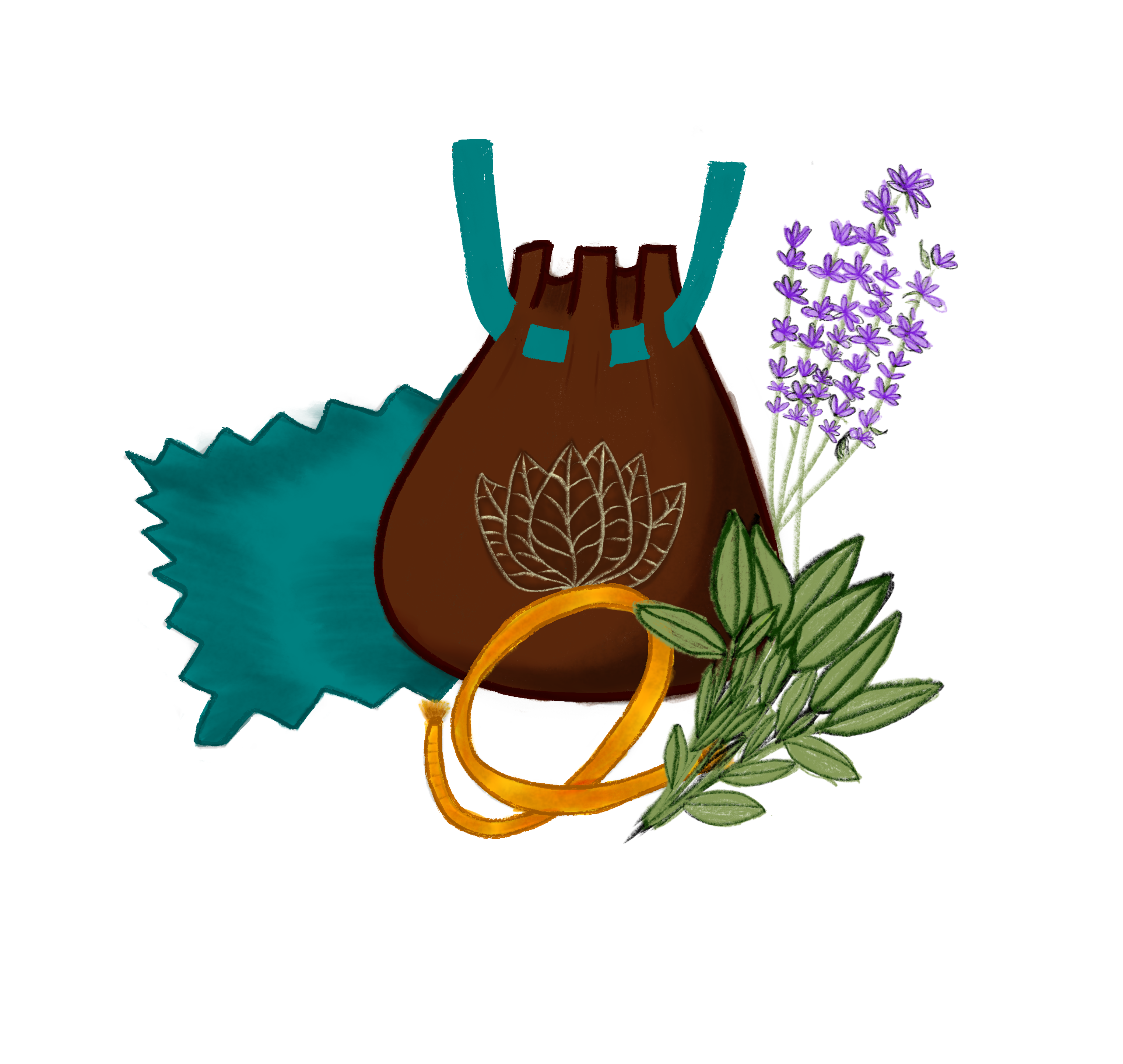An illustrated brown leather drawstring pouch with a teal cord and a pale leaf design on the front, resting among purple flowering stems, green leaves, and a coiled yellow cord.
