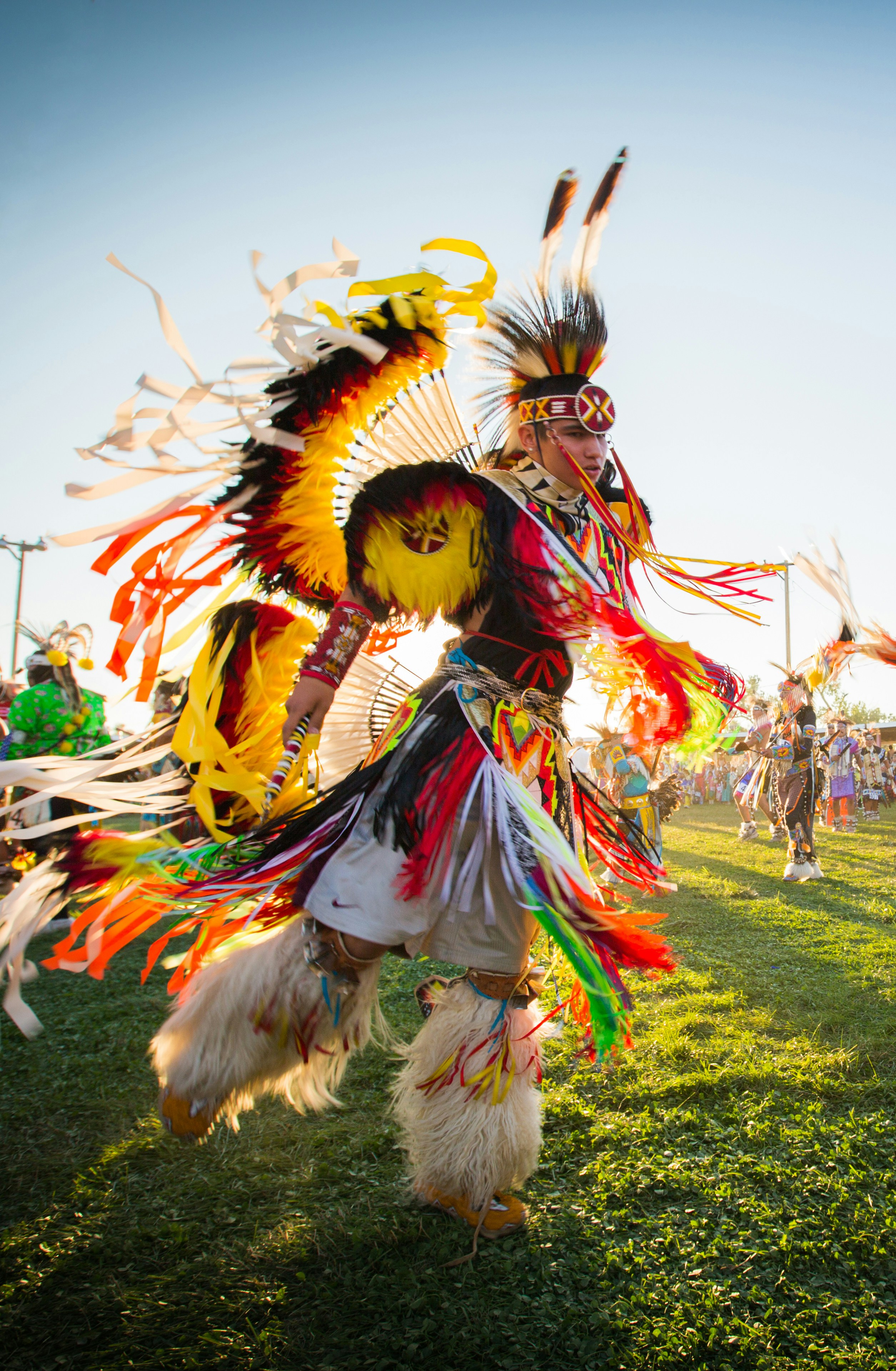 A powwow dancer in fringed, feathered regalia with a feather bustle and streaming ribbons, captured mid-movement with other dancers in the background.