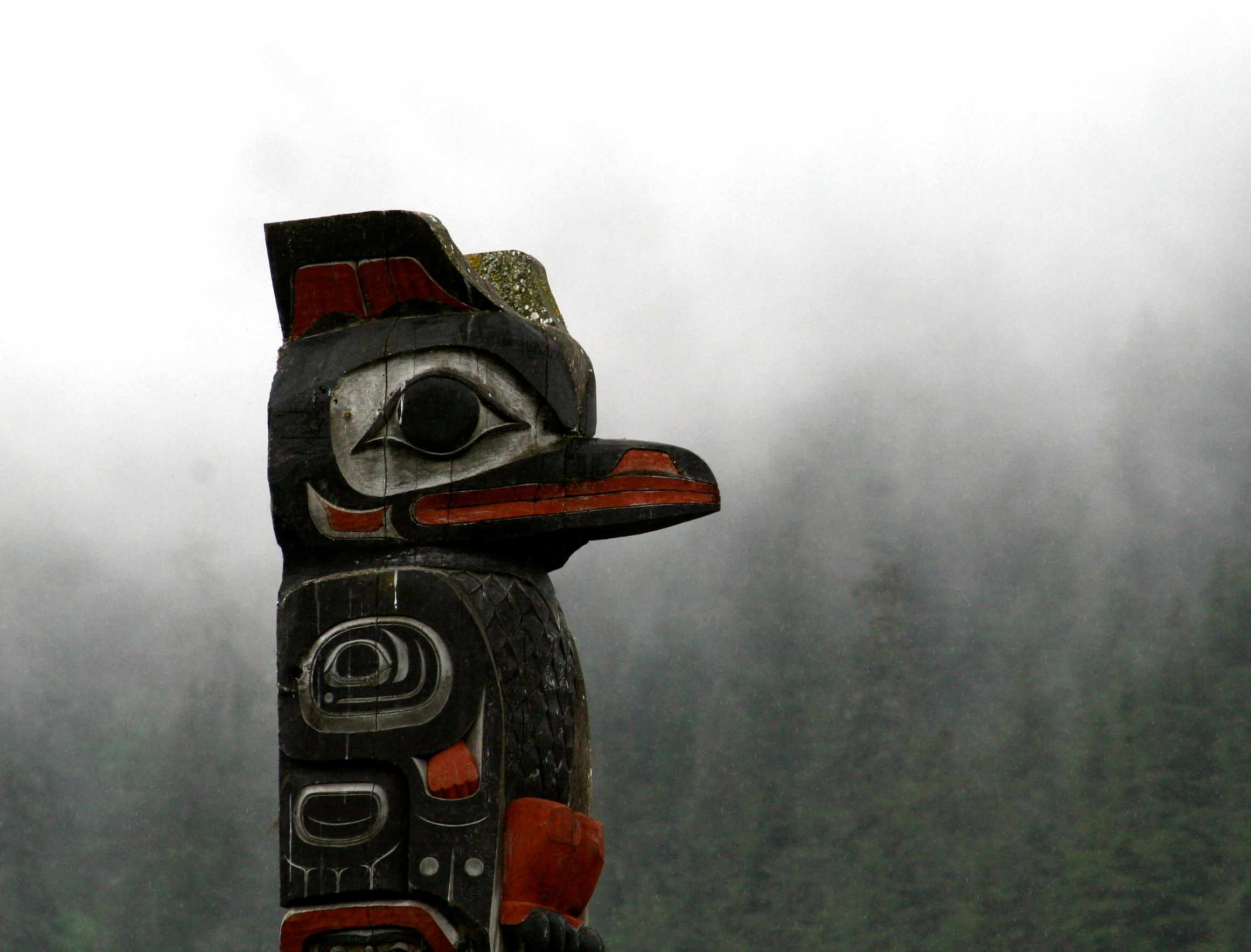 A carved wooden totem pole topped with a bird's head painted black, red, and white, seen against a foggy evergreen forest.