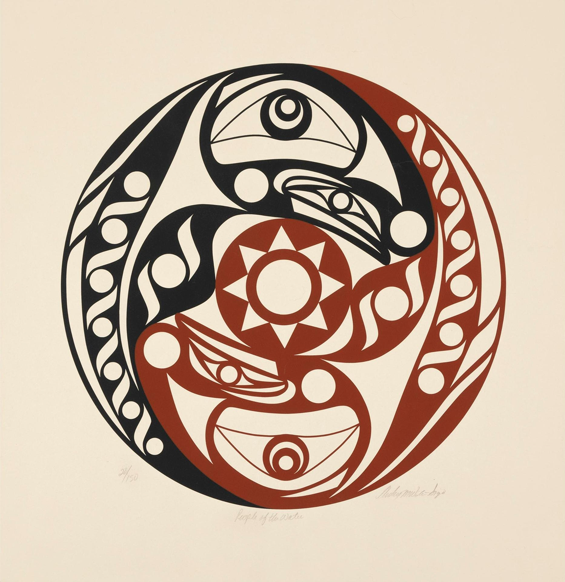 A tall red and black serigraph print in a Coast Salish design style, with stylized birds arranged around a circular sun motif.